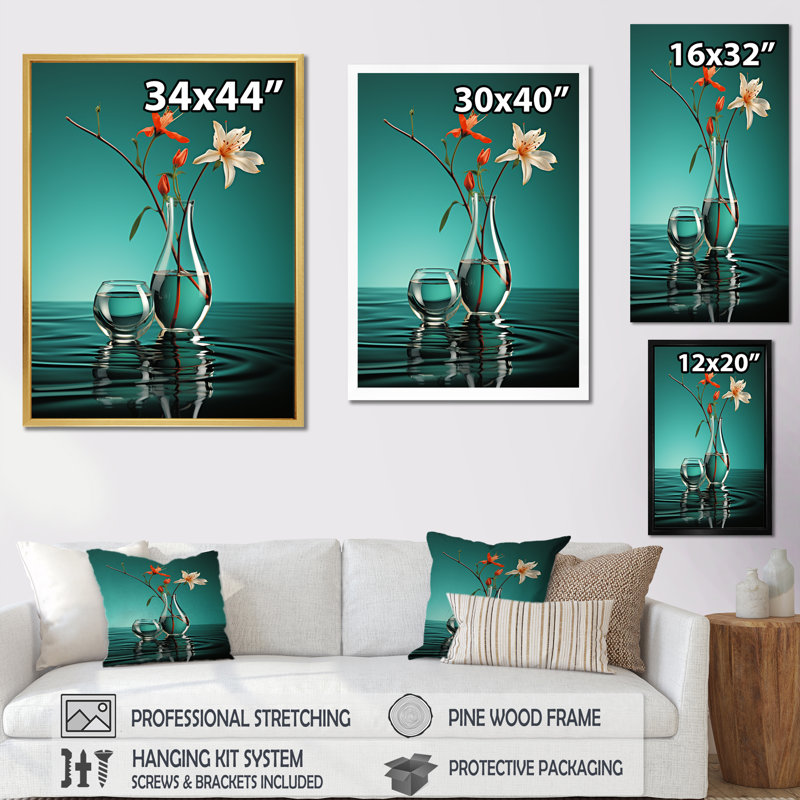 Vase de fleurs turquoise - impression, Cadre flottant doré, H 20 po x l 12 po x P 1 po