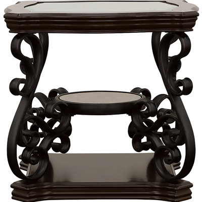 Table de bout en verre avec plateau à 2 tablettes pour les agencements de meubles, offrant un espace de rangement et de présentation, des solutions de tablettes à structure en métal, teinte brun rouge foncé, espace généreux, design