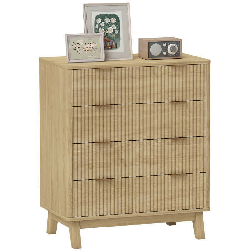 Commode cannelée pour chambre à coucher avec 4 tiroirs, commode de 28 po de largeur avec poignées à doigts dorées et 4 pieds en bois
