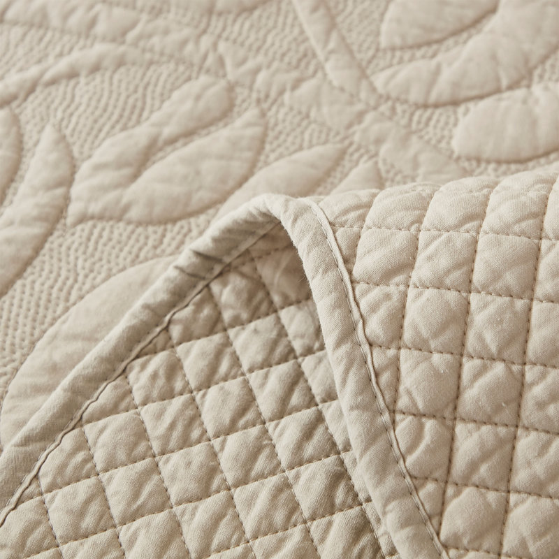 Khaki Cotton Queen Reversible Floral Quilt Set