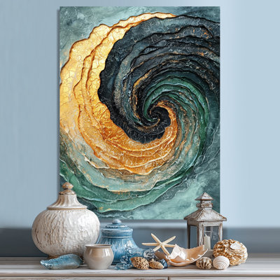 Abstract Golden Emerald Sea Breeze Waves III - Coastal Metal Art, Nautical Metal Print