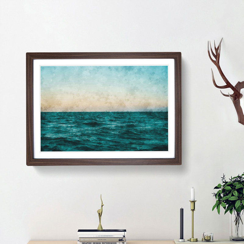 Ocean Stripe - Single Picture Frame Painting on MDF, 36cm H x 48cm W x 2cm D, Walnut Framed