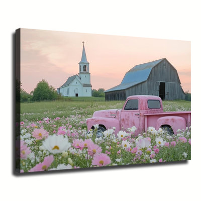 Camionnette vintage dans une prairie fleurie avec église de campagne et grange au coucher du soleil, grande toile tendue sur châssis pour salon ou chambre