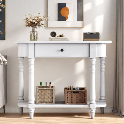 Retro Corner-curved Console Table With A Top Drawer, Open Shelf And Carved Turned Table Legs by Alcott Hill