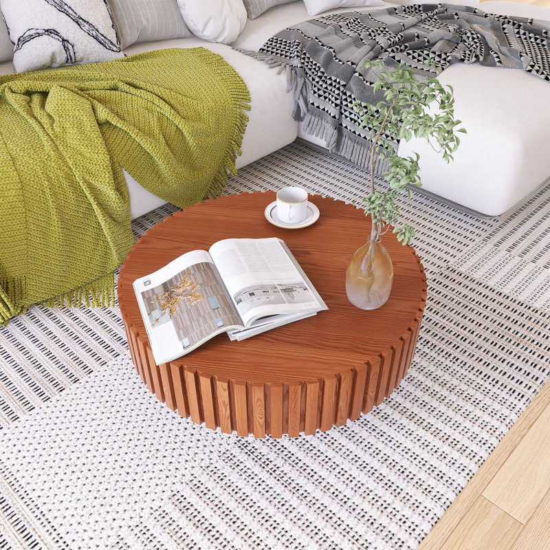 Table basse ronde en bois massif à piédestal robuste fabriquée à la main, Naturel