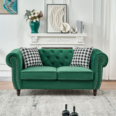 67"Chesterfield ?Velvet Upholstery Fabric Sofa With Roll Armrest & Nailhead,Upholstered Mid Century Modern Couch,2 Seater Couch For Living Room, Offic