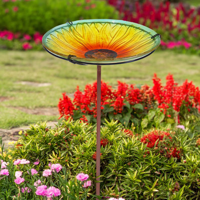 Bain d'oiseaux en verre avec piquet Blooming Sunflower