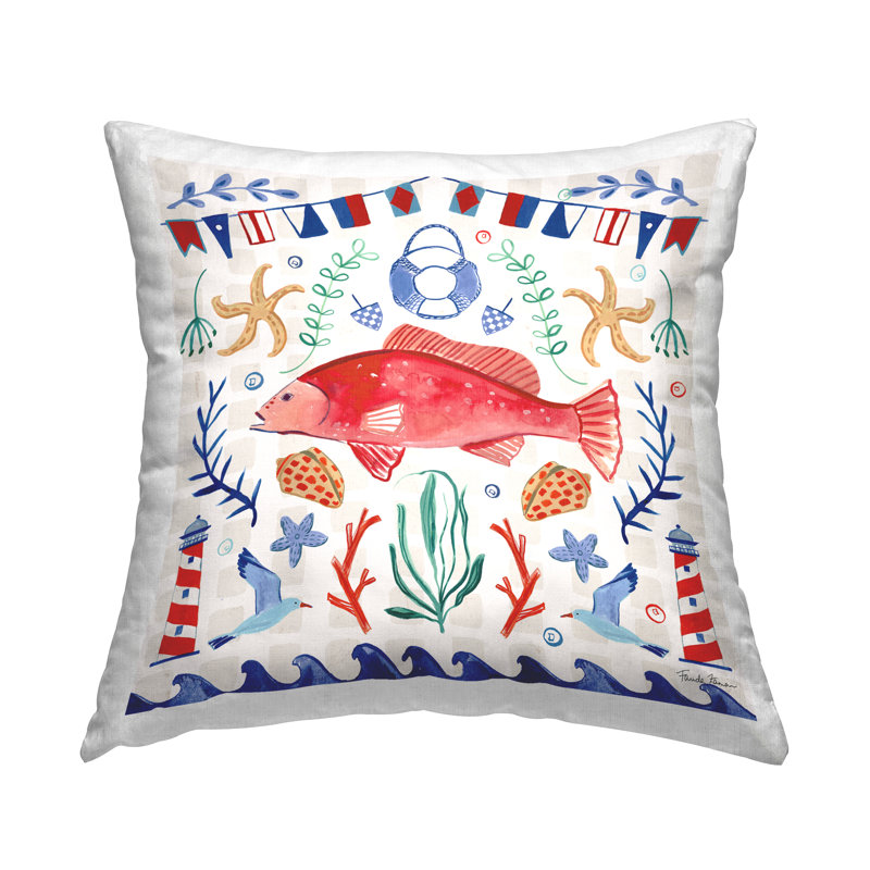 Coussin maritime imprimé motif de coquillages par Farida Zaman