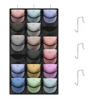24 Pockets Baseball Cap Organizer, Over-the-Door Hanging Hat Storage with 3 Metal Hooks, Crush-Resistant & Space-Saving Display for Closet, Bedroom & Cap Collectors, Grey