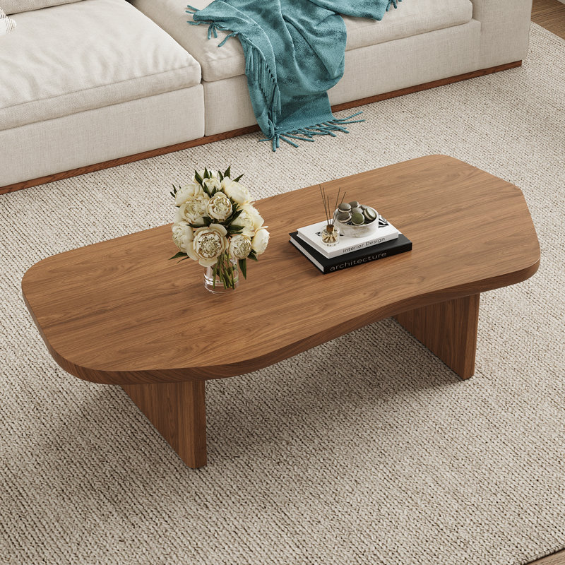 47" Mid Century Brown Wood Coffee Table with Free Form Table top, Double Wood Legs for Living Room
