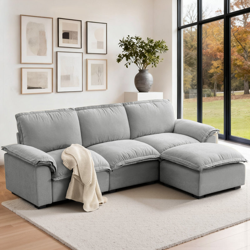 Chenille Upholstered L-Shaped Modular Sofa with Movable Ottoman, Gray