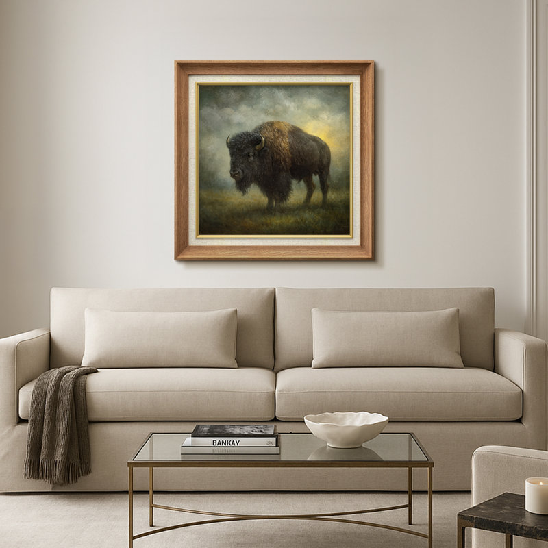 «Majestic Bison in Misty Field», reproduction d'art encadrée sur papier, H 26 po x l 26 po x P 1,5 po