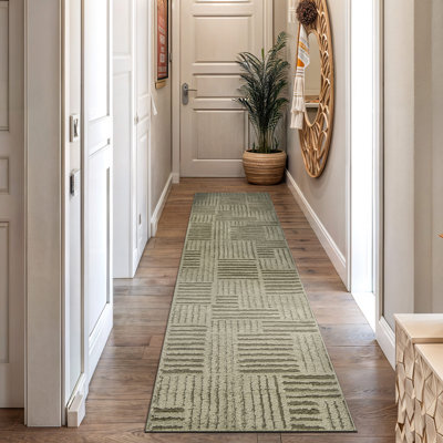 Tapis d'intérieur à poils longs et doux, vert sauge, tissé à la machine, motif de vannerie