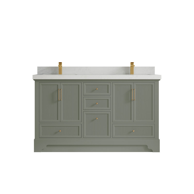 Meuble-lavabo double autoportant 60 po avec plateau en quartz Alys (option boutons)