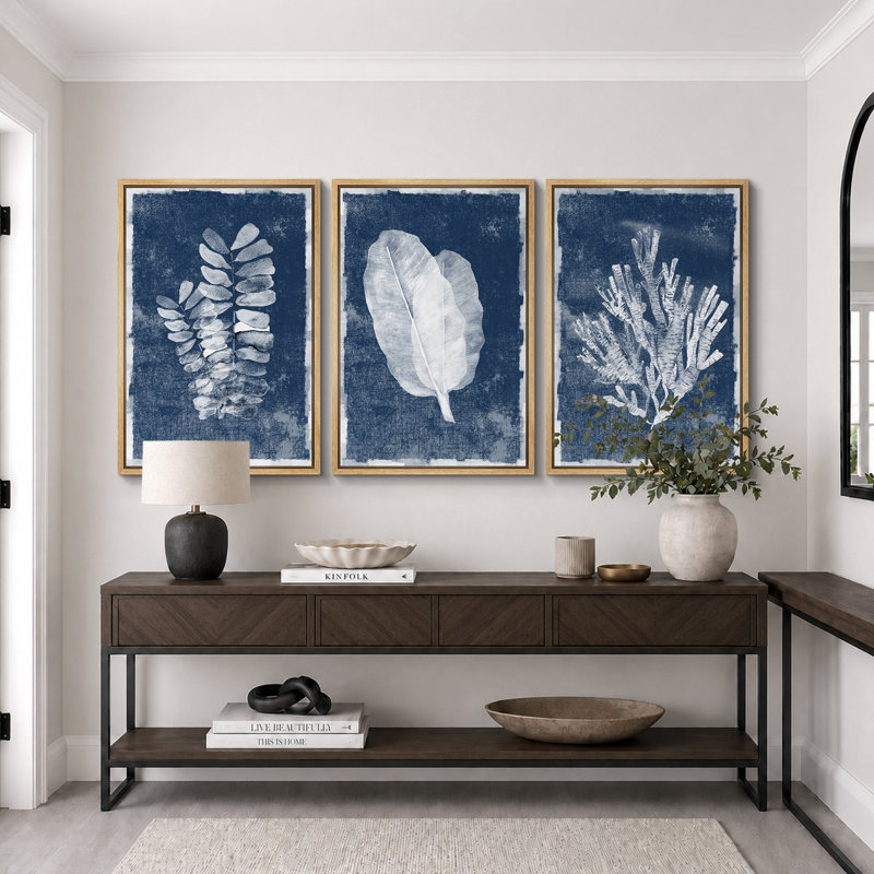 «Minimal Botanical», feuilles de la jungle bleue, art nautique corail, impression sur toile, 3 pièces, H 24 po x l 48 po