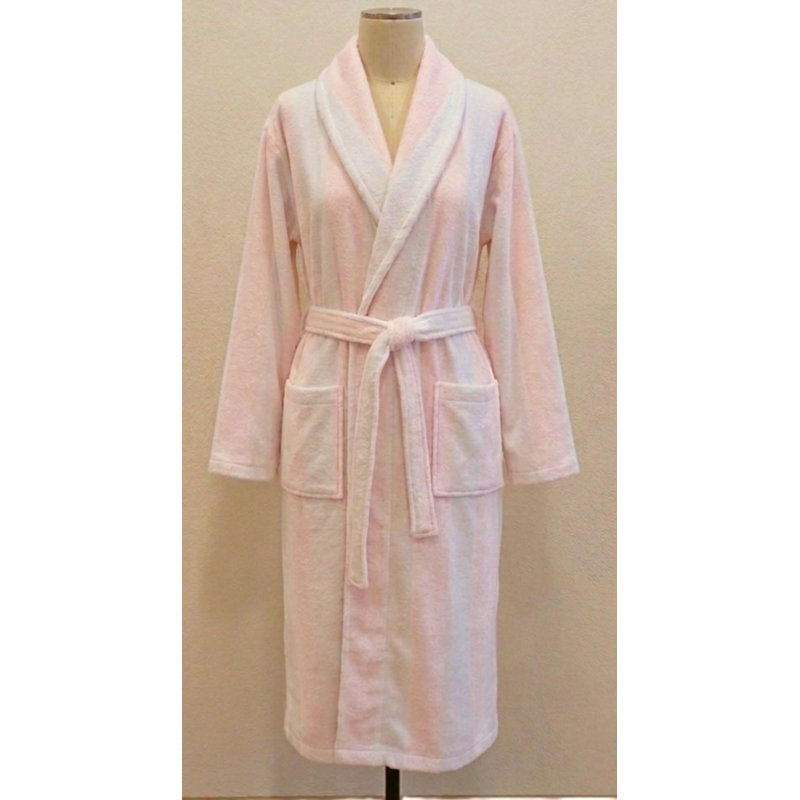 Peignoir de bain en éponge blanche et rose rayée - 360 g/m², M / L