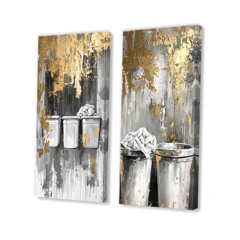 Ensemble de 2 pièces d'art mural gris et doré «Laundry Day Laundry I», H 28 po x l 24 po, Toile tendue sur cadre
