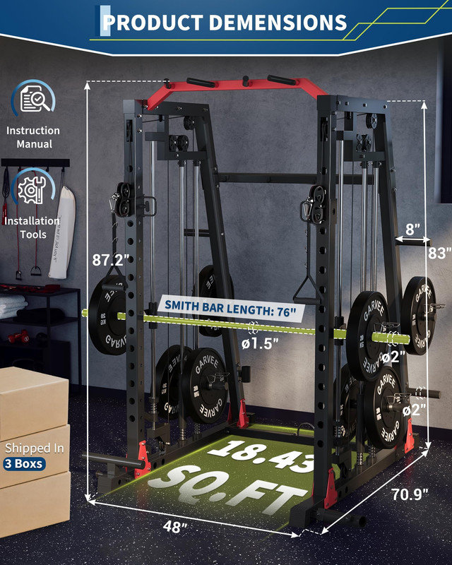 Cage électrique 2200 lb Smith avec poulie et croisement LAT - Gym à domicile