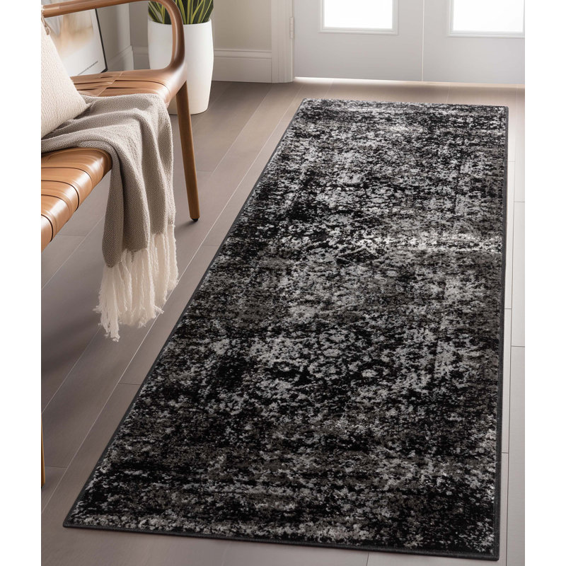  Tapis oriental rétro noir, Tapis de couloir 2 pi 3 po x 7 pi 3 po