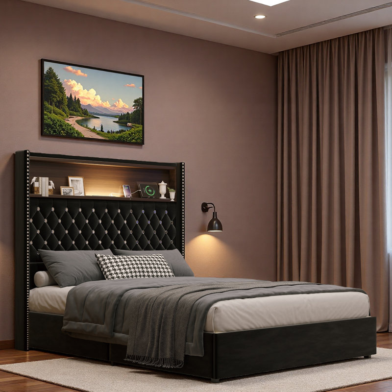 Lit capitonné en velours avec port USB, veilleuse et tête de lit haute Rivet, Noir, noir, noir, noir, Double