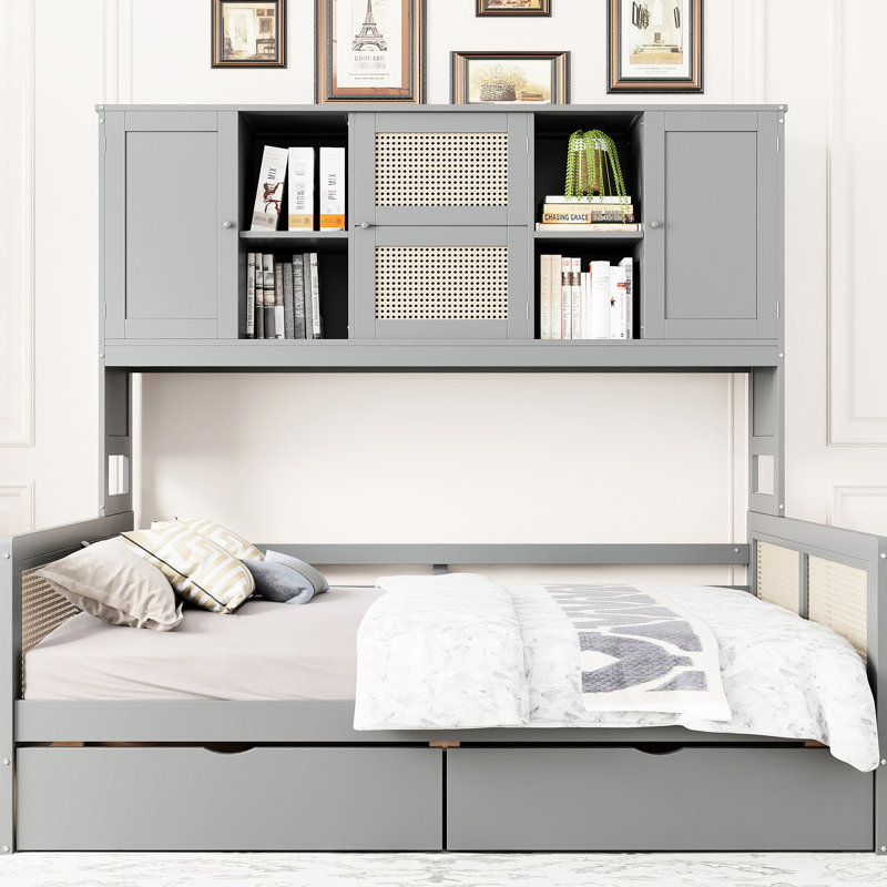 Lit de jour moderne en bois gris avec 2 espaces de rangement pratiques et armoire et tablette combinées