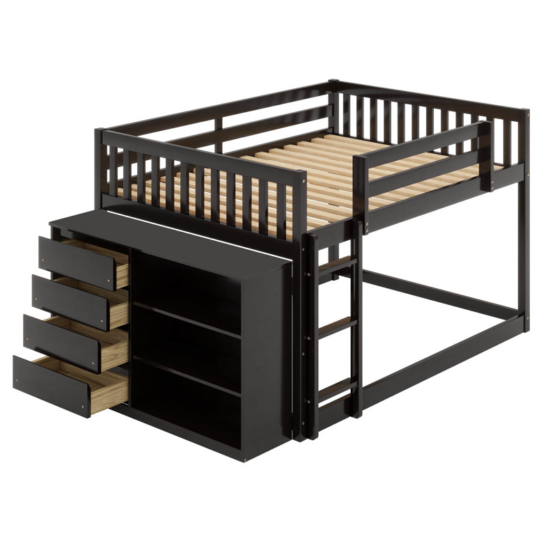 Iveigh Full Over Full Bunk Bed With Storage, Low Bunk Bed Frame With 4 Drawers And 3 Shelves, Espresso