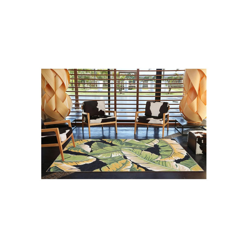 Tapis tissé noir à motif de feuilles lavables