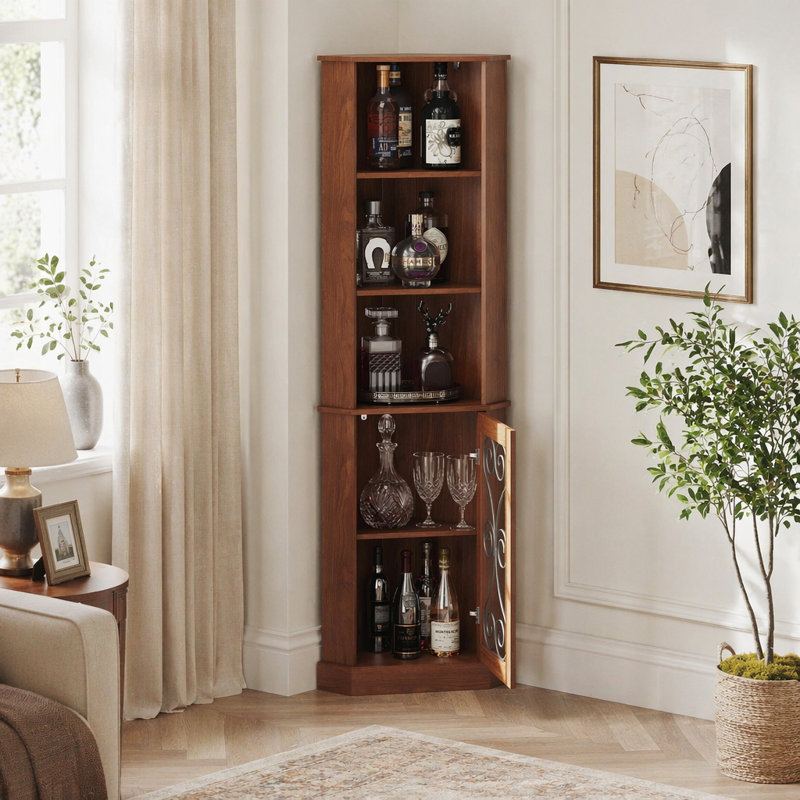 Armoire à vin de coin étroite avec tablettes ouvertes et porte grillagée en métal pour le salon et la salle à manger