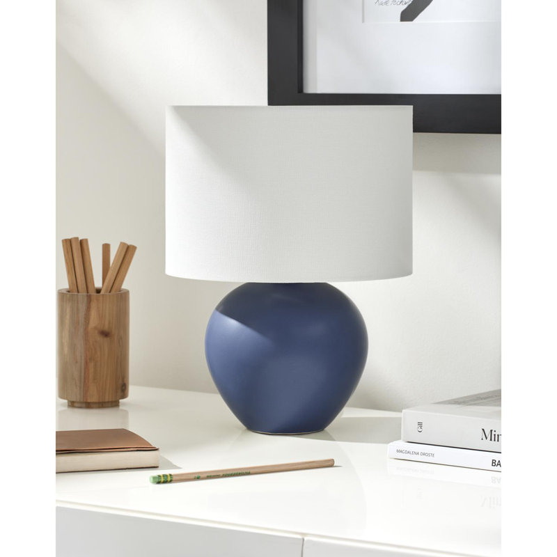 Ceramic Table Lamp with Linen Drum Shade, Navy