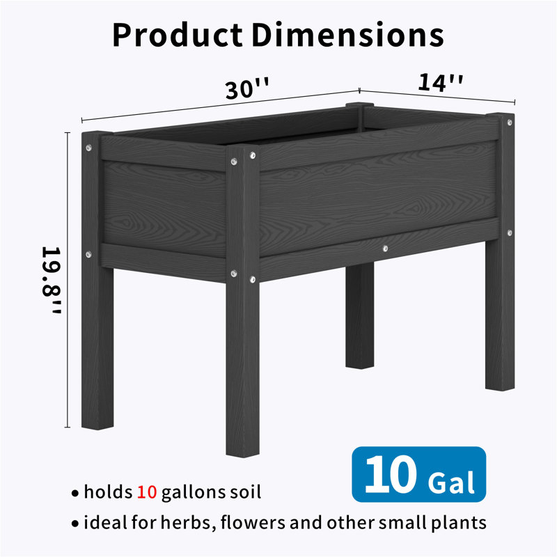 Elevated Planter Outdoor Planter Box HDPE Raised Garden Bed with Leg, Black