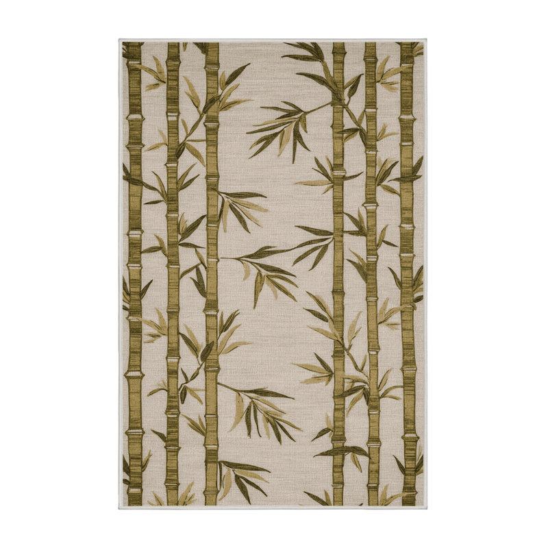 Machine Washable Botanical Beige Area Rug, Rectangle 4' x 6'