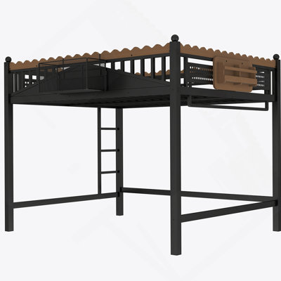 Twin XL Size Loft Bed With Ladders, Metal Loft Bed With Storage Shelves And Bookshelf, No Box Spring Needed And Chic Design, Black