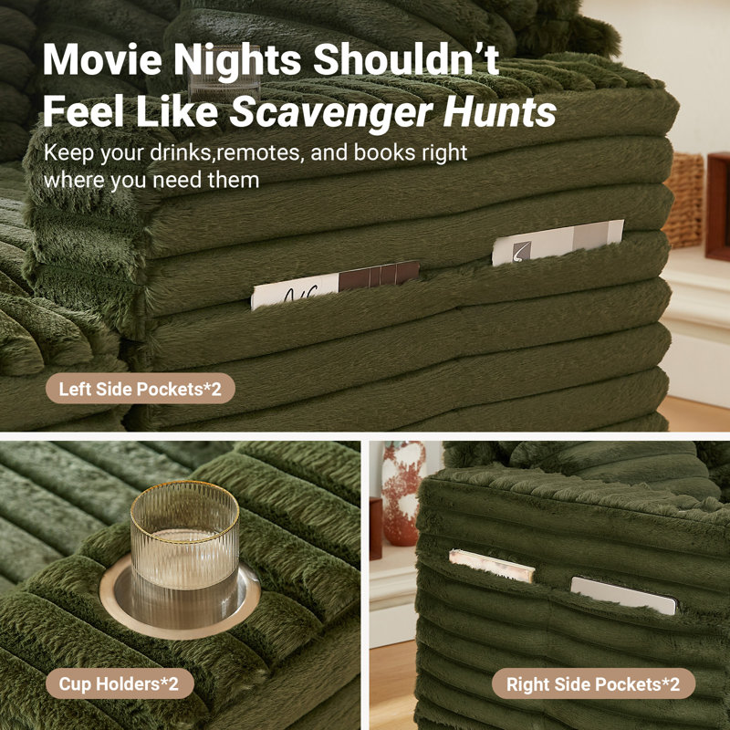 Chaise Lounge Chair Indoor, Amsleekey 64" Oversized Sleeper Chair With Wood Frame, Upholstered Sofa Bed For Living Room, Movie Room, Bedroom With 4 Storage Pockets& 2 Cup Holders(Plush Corduroy, Green)