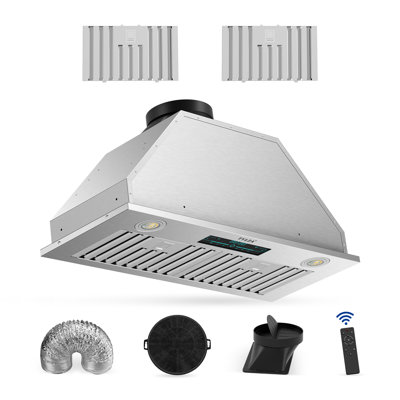 30" 900 CFM Insert Range Hood, Ducted/Ductless Convertible, 4 Speed Ultra-Quiet, Remote/Touch /Gesture Control, Delayed Shutdown, Timer, Dishwasher-Safe Stainless Steel Baffle Filter, Charcoal Filter, Adjustable LED Lights, Silver