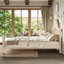 Lit plateforme avec tête de lit chic, structure en bois massif, support à lattes, pas de sommier tapissier, conception basse à terre, beige-130155208-130155203