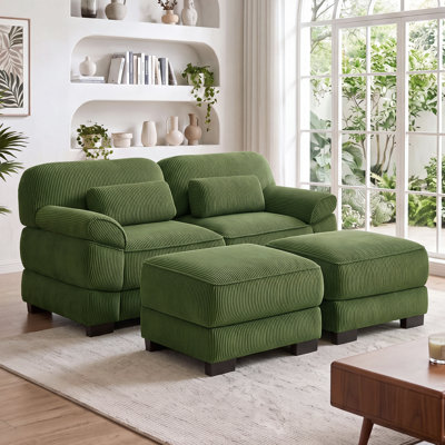 Canapé Cloud 2 places de 194 cm avec 2 poufs, canapé modulable à assise profonde avec revêtement en velours côtelé moelleux, accoudoirs et coussins lombaires rembourrés amovibles pour salon, chambre et appartement