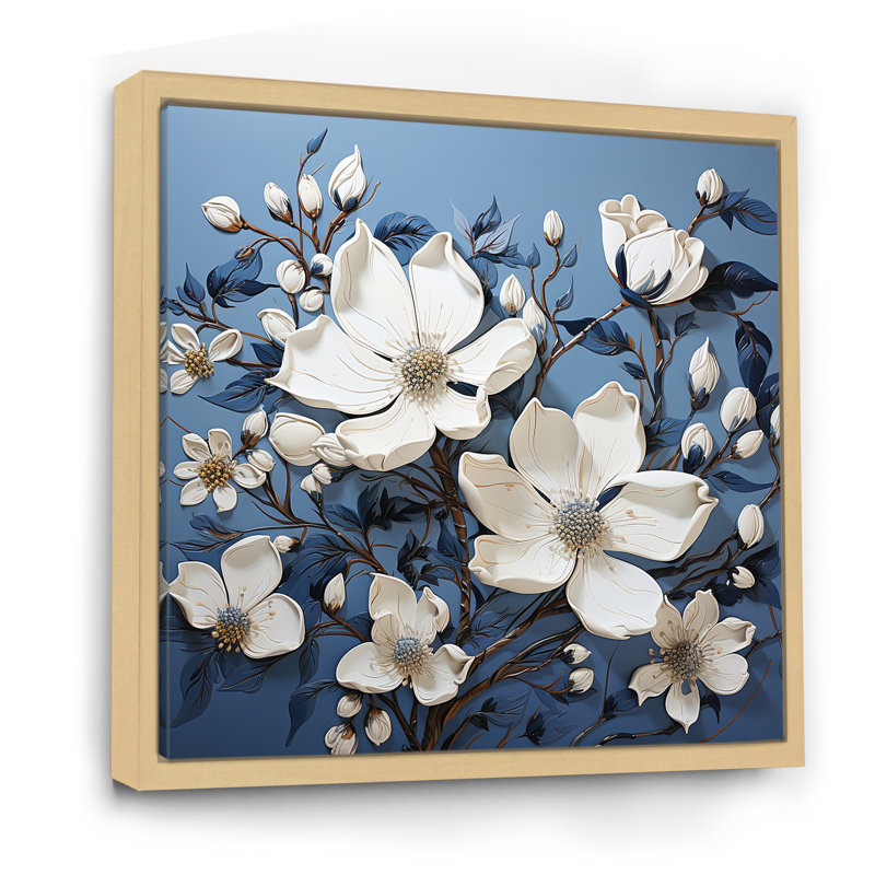 «Magnolia» en bleu et blanc sur fond élégant, Cadre naturel flottant, H 24 po x l 24 po x P 1 po