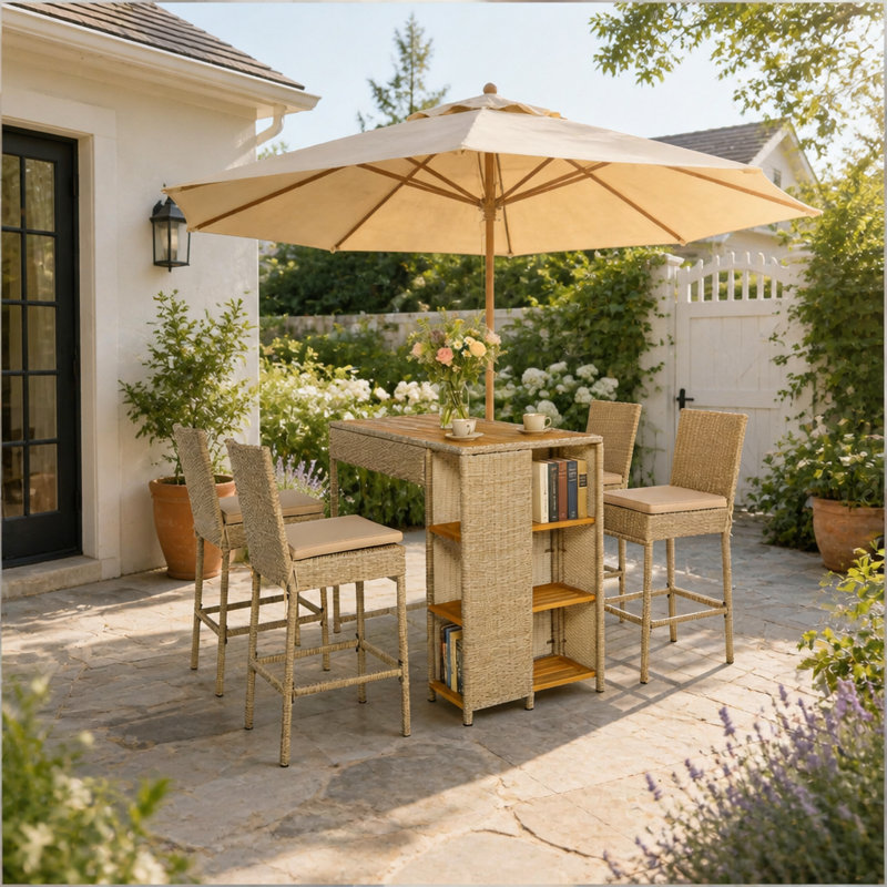 Ensemble de bar extérieur en osier cinq pièces avec étagères de rangement et tabourets ergonomiques pour recevoir sur la terrasse.
