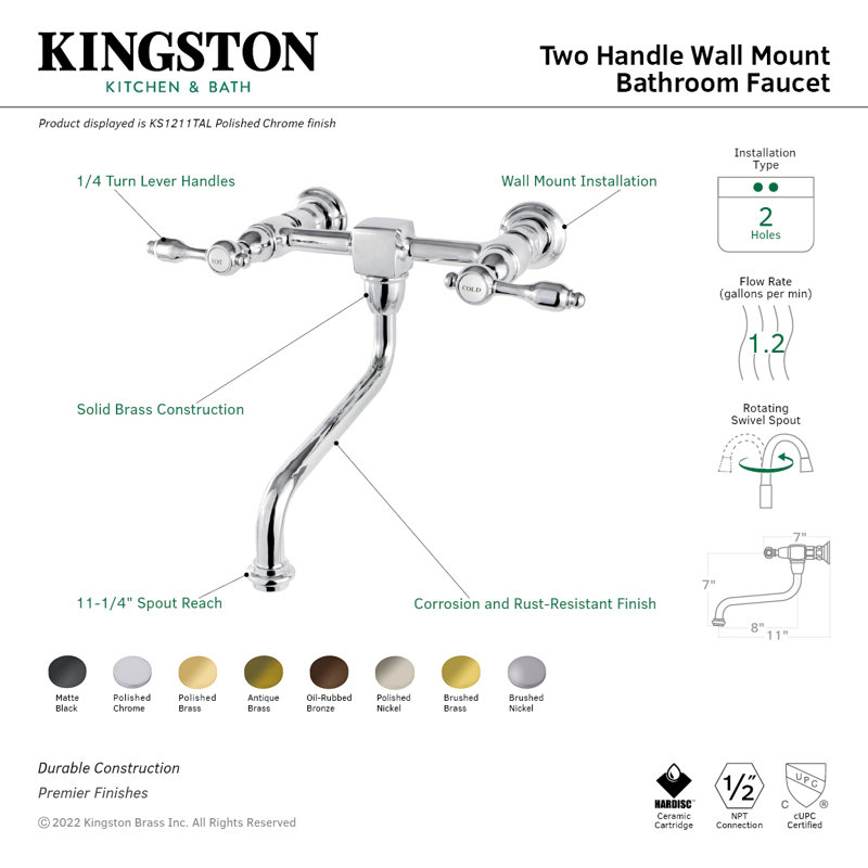 Kingston Brass Tudor Two-Handle 2-Hole Wall Mount Bathroom Faucet, Oil Rubbed Bronze