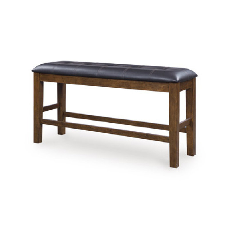 Raly Counter Height Bench, 50 Inch Black Faux Leather Padded, Brown Wood