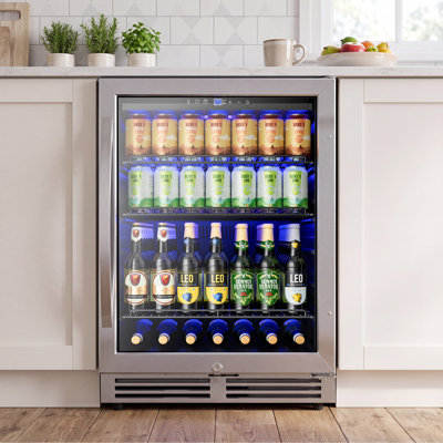 24 Inch Beverage Refrigerator, 190 Can Built-In and Freestanding Cooler with Glass Door, LED Light, Safety Lock for Beer, Wine, Soda, Drinks, Classic Series – Available in Silver