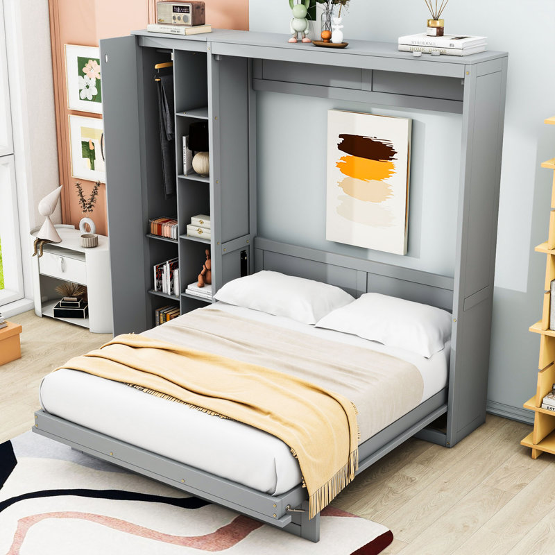 Lit escamotable double avec tablettes, garde-robe et lumières DEL, gris