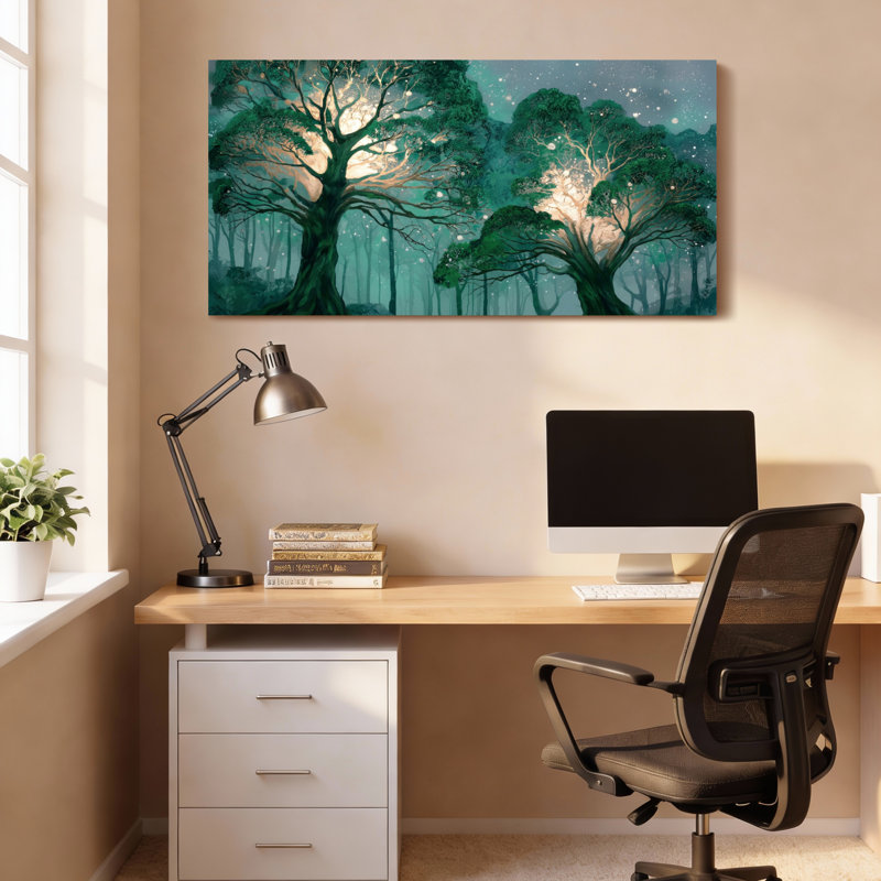 Ensemble de 1 tableau sur toile représentant des arbres d'une forêt enchantée sous un ciel étoilé., 4020