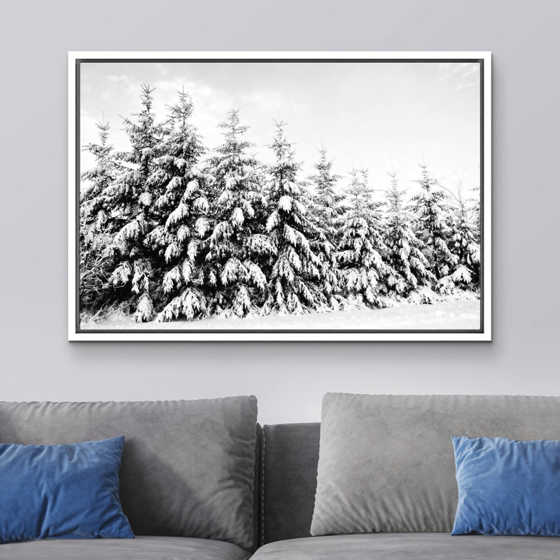 Neige recouverte d'arbres dans la forêt d'hiver Photographie de nature florale Réalisme noir et blanc foncé, Toile tendue