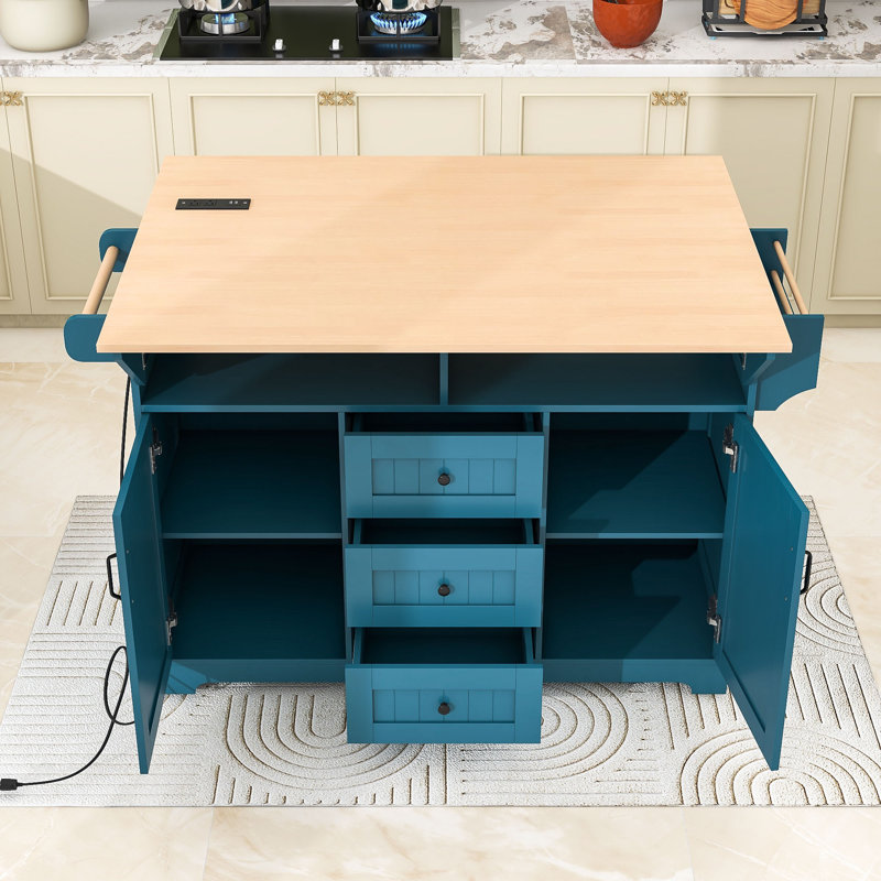 Rolling Expandable Kitchen Island with 2 Drop Leaf, Built-In Power Outlets and Storage Cabient, Green