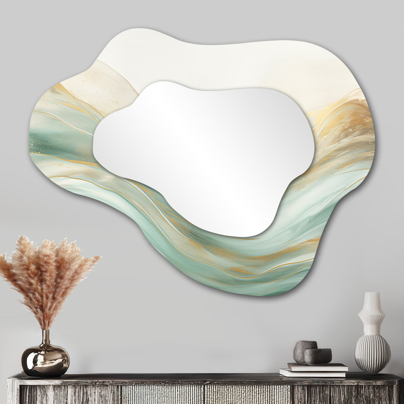 Or et vert doux vague fusion I - formes abstraites en métal Art - miroir mural moderne irrégulier, 27 po x 35 po