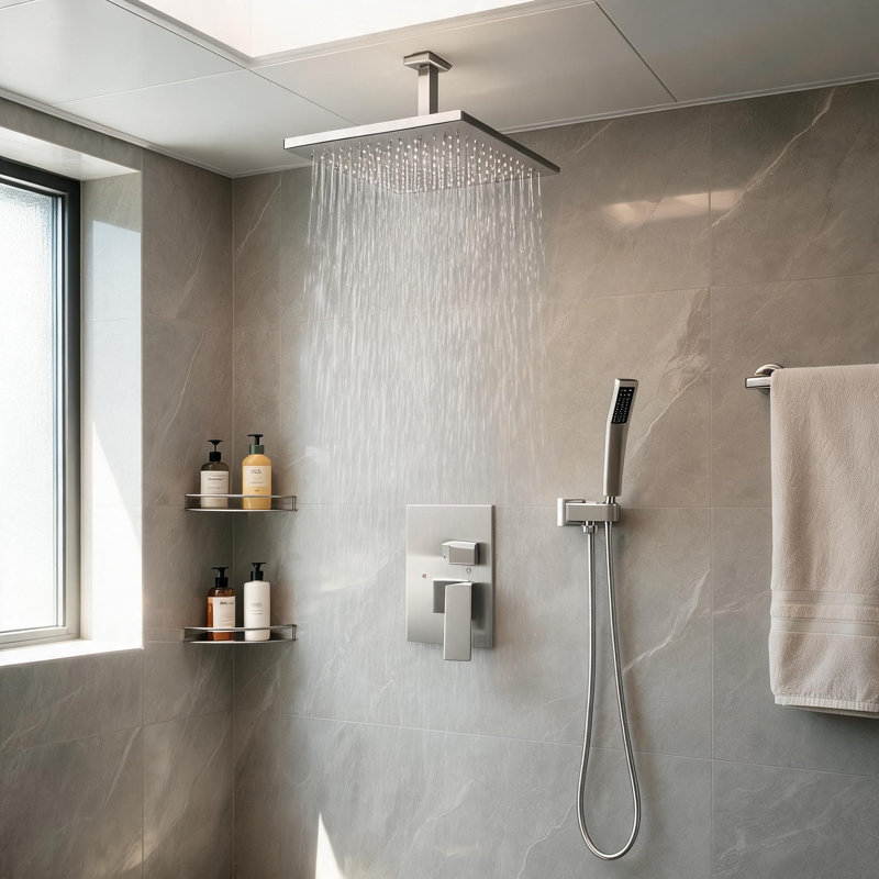 Système de douche au plafond en nickel brossé 16 pouces avec pomme de douche à effet pluie et douchette à main