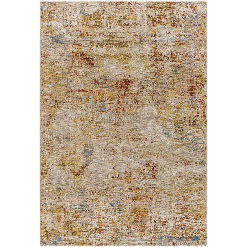 Tapis abstrait en polyester tissé à la machine en beige / or / rouille, Rectangle 7 pi 10 po x 10 pi 3 po