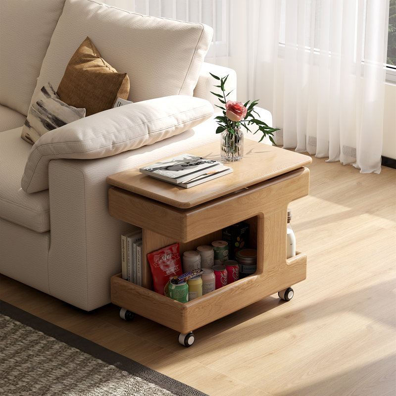  Table de bout mobile à plateau relevable en chêne massif avec rangement et roulettes, Chêne