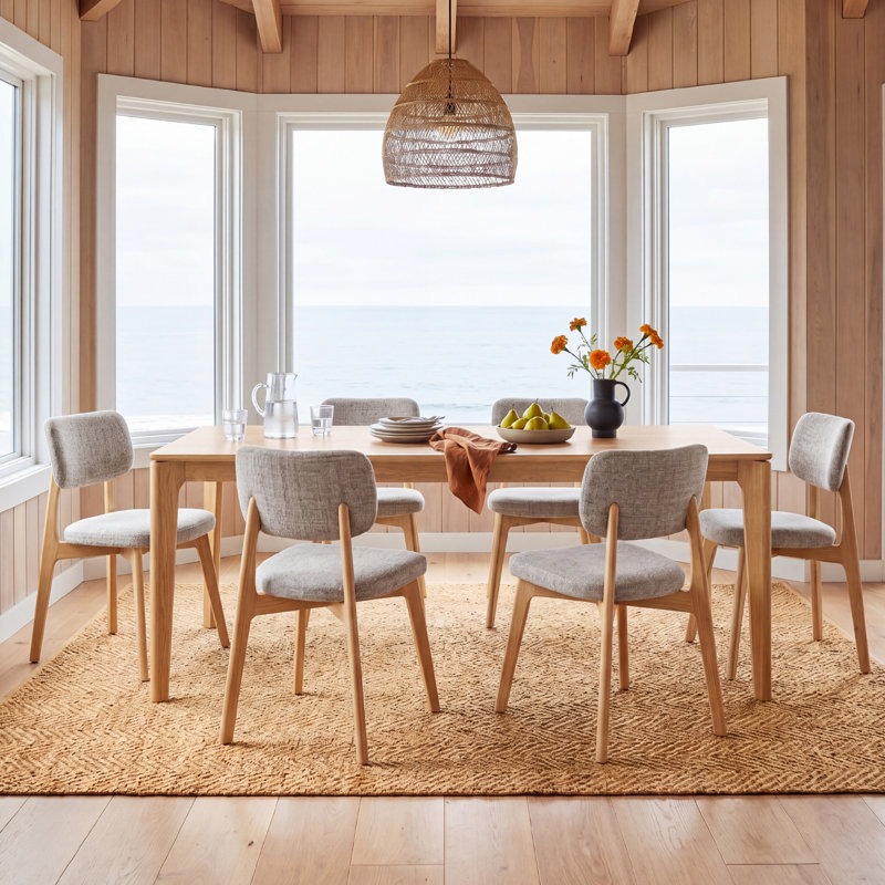 Upholstered Solid Wood Dining Chair Side Chair, Natural Wood, Beige